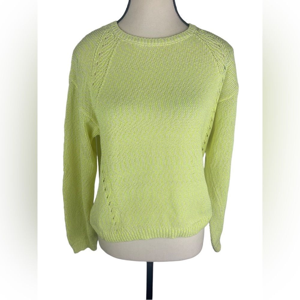 Mango MGN lime green yellow Cotton Blend Semi-Sheer Round Neck Sweater Size: M
